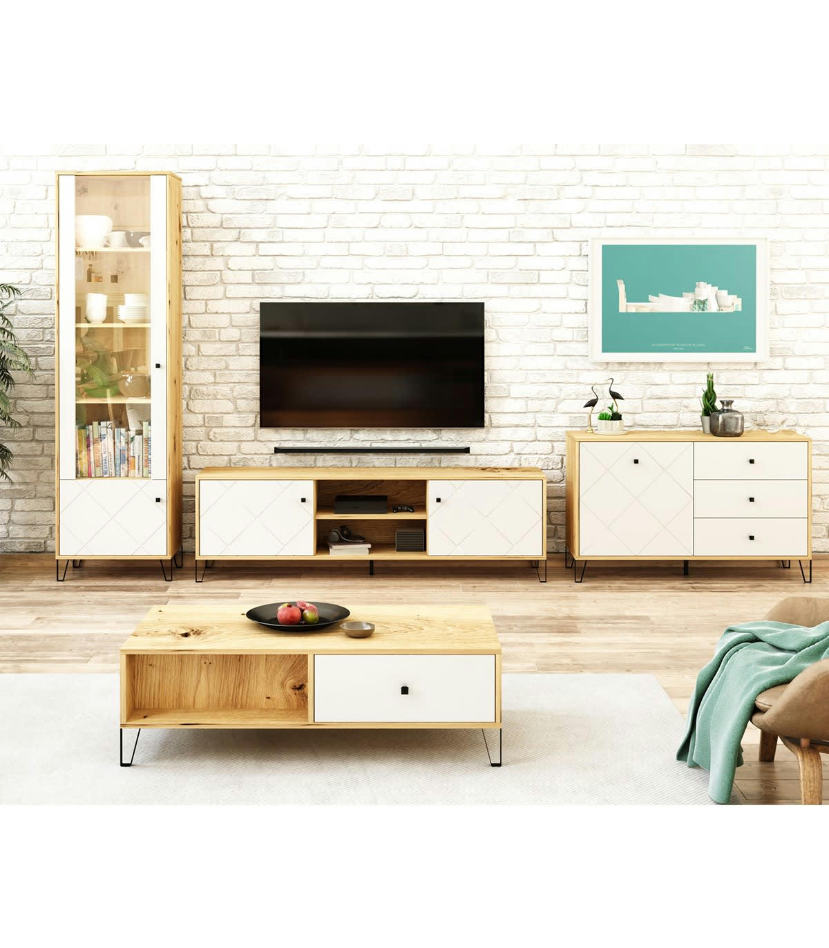 BILBAO - Table Basse avec 2 Tiroirs L110 cm - Effet bois et blanc