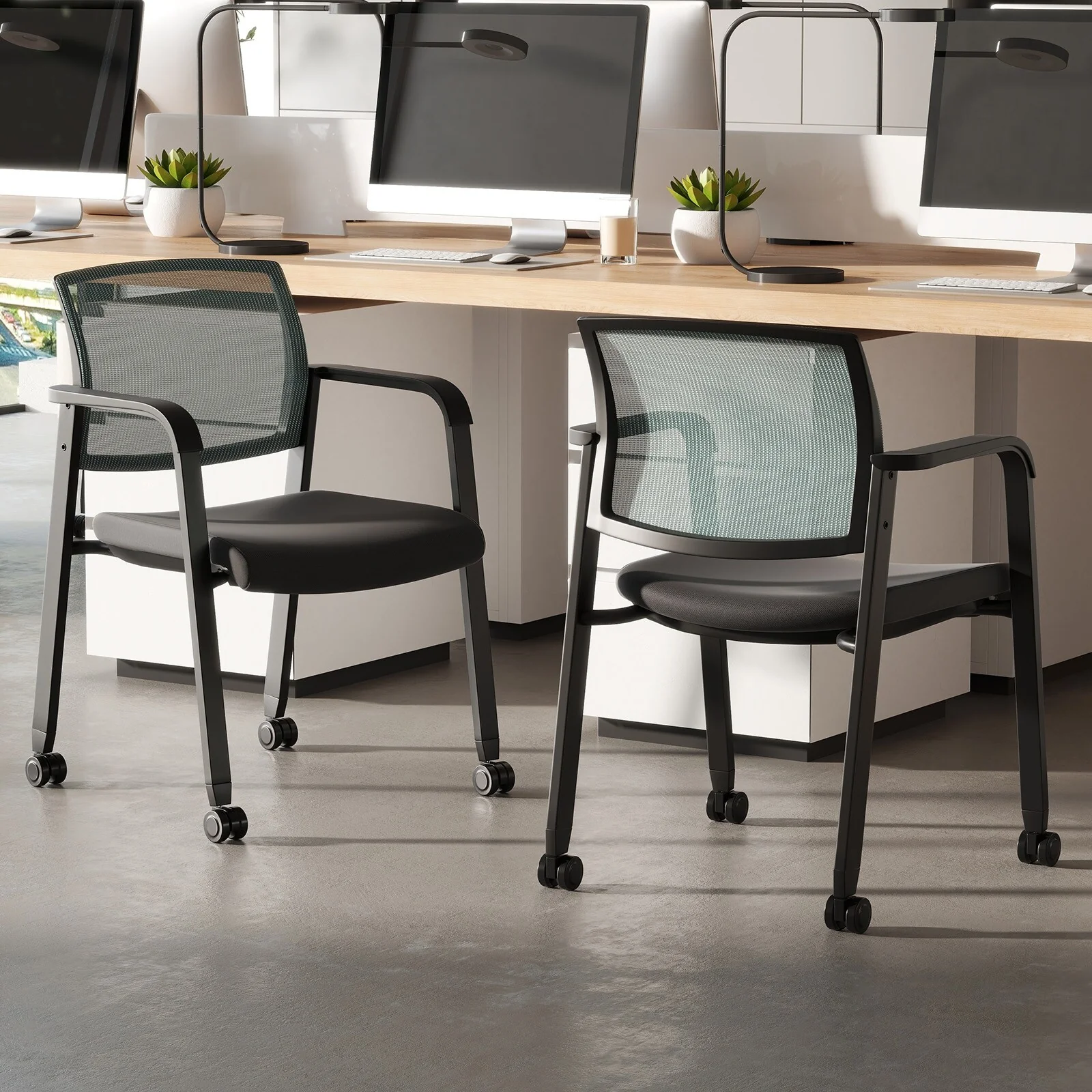 Grey Mesh Stackable Office Guest Chairs with Armrests and Rolling Casters - 23 L x 22.5 W x 32 H