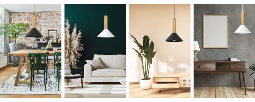 Lampa wisząca e27 nevada czarny klosz stożek   drewno
