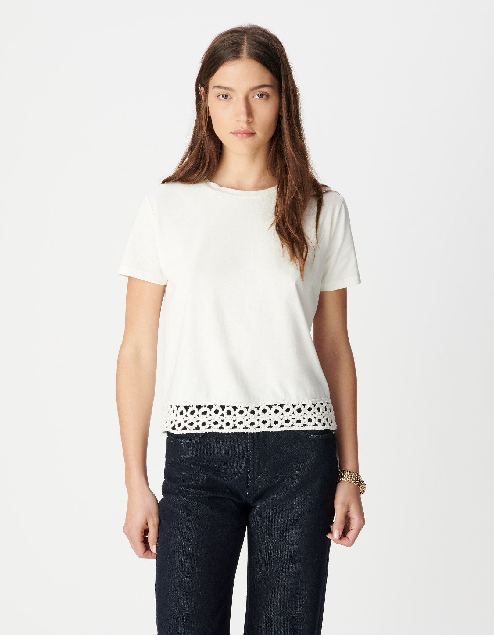 Tee-shirt col rond blanc détail crochet et sequins Femme