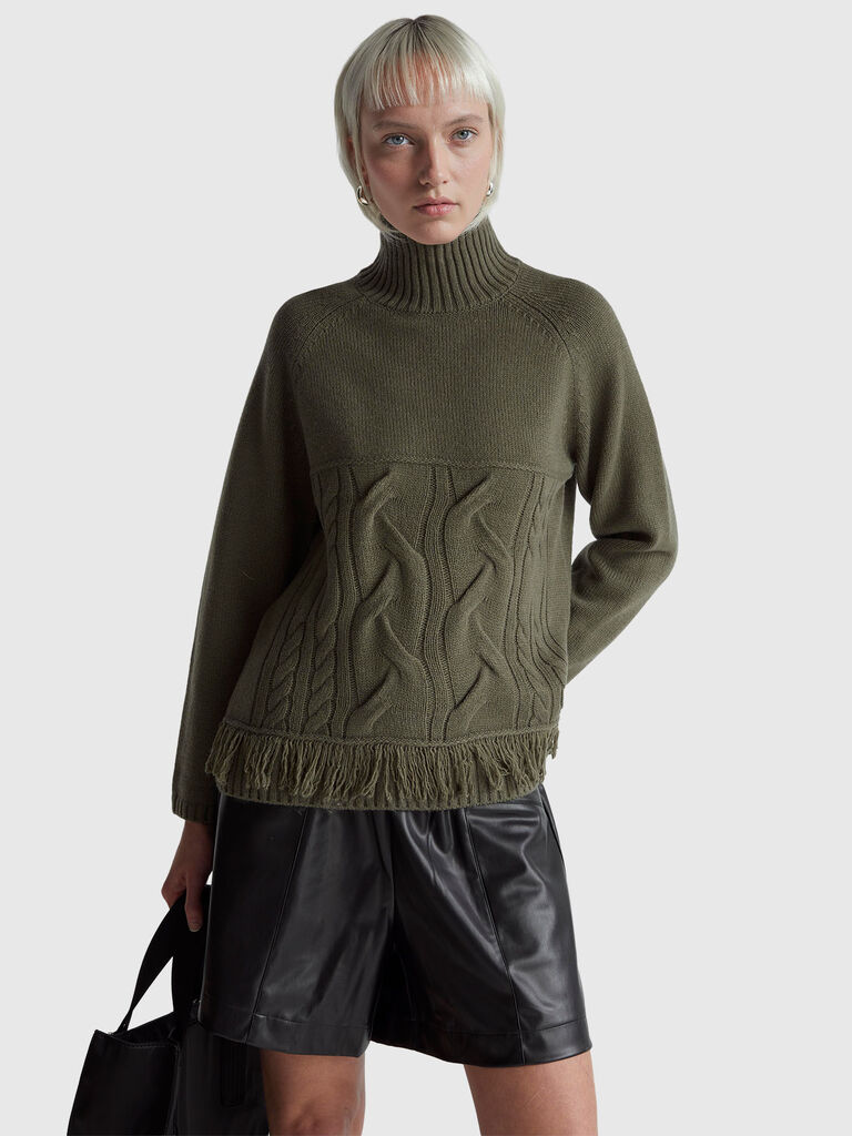 Oversized turtleneck sweater with fringe