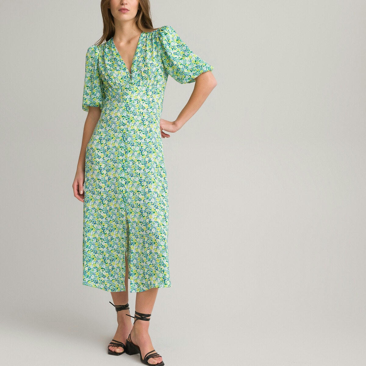 Robe longue col V, manches courtes ballons