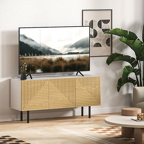 Meuble TV banc TV design graphique - 3 portes, 3 étagères, 3 passe-câbles - blanc effet bois