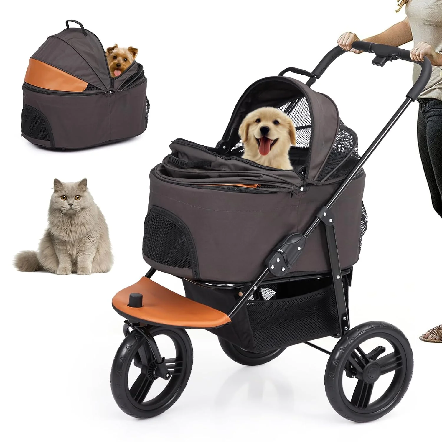 Dog Stroller for Large Pet, Jogger Stroller, Easy Folding Cart Frame, Quick Release Wheel, Breathable Animal Stroller with 4 Wheel and Storage Space Pet Can Easily Walk in/Out Travel(Grey+Orange/Small)