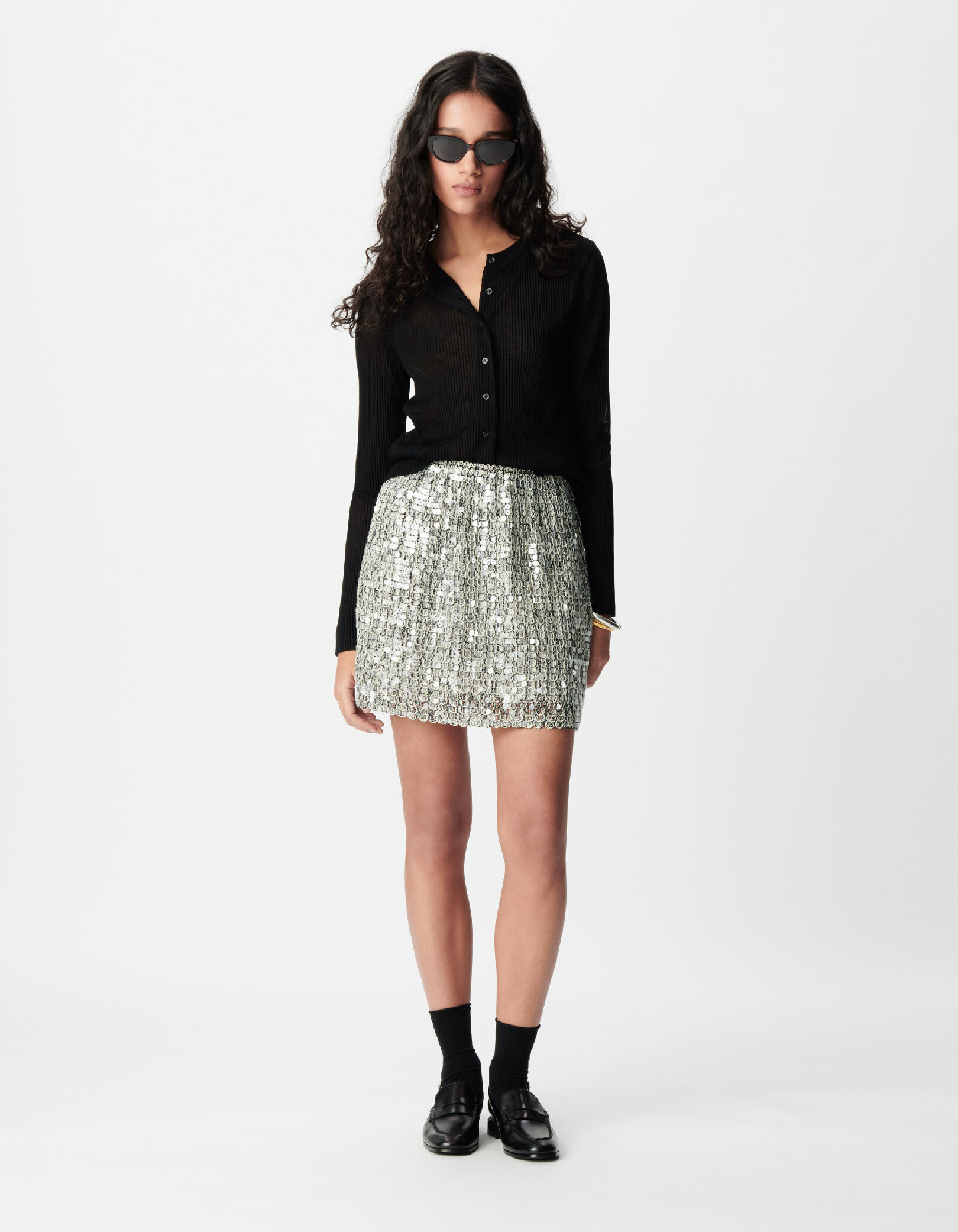 Cardigan manches longues noir maille plissée Femme