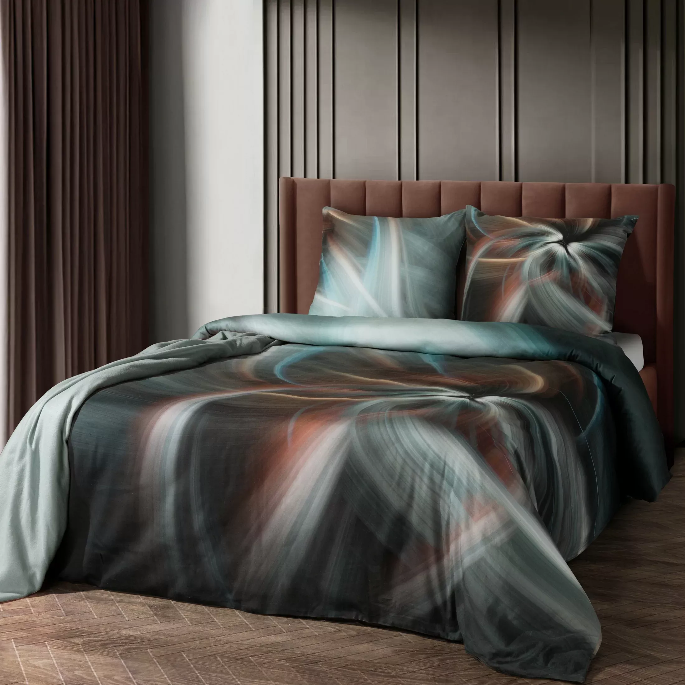 Pościel bawełniana z makosatyny 220x200 cm komplet 3 częściowy kolor stalowy, turkusowy z designerskim wzorem PRISMA Eva Minge