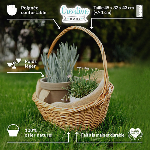 Creative Home Panier de Rangement Panier en Osier Pique-Nique avec Poignées 45 x 32 x 43 cm ( /- 1 cm) - Panier Cadeau Polyvalent