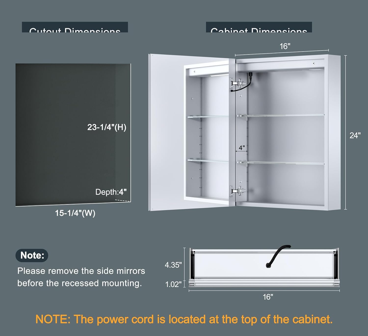 16x24 Inch Medicine Cabinet with Lights, Lighted Medicine Cabinet with Mirror, AL Alloy Frame, Hardwired, Recessed or Wall Mount, 3 Light Colors/Dimmable/Defog,2 Outlets&USBs, 2 Shelves