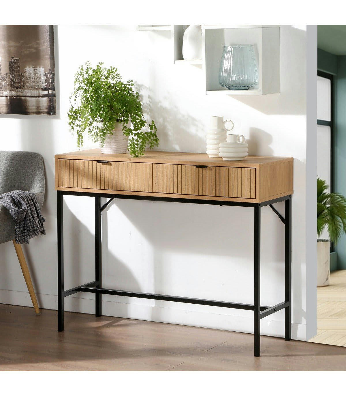 TARA - Console 2 Tiroirs Effet Bois Rainuré - L100 x H80 cm