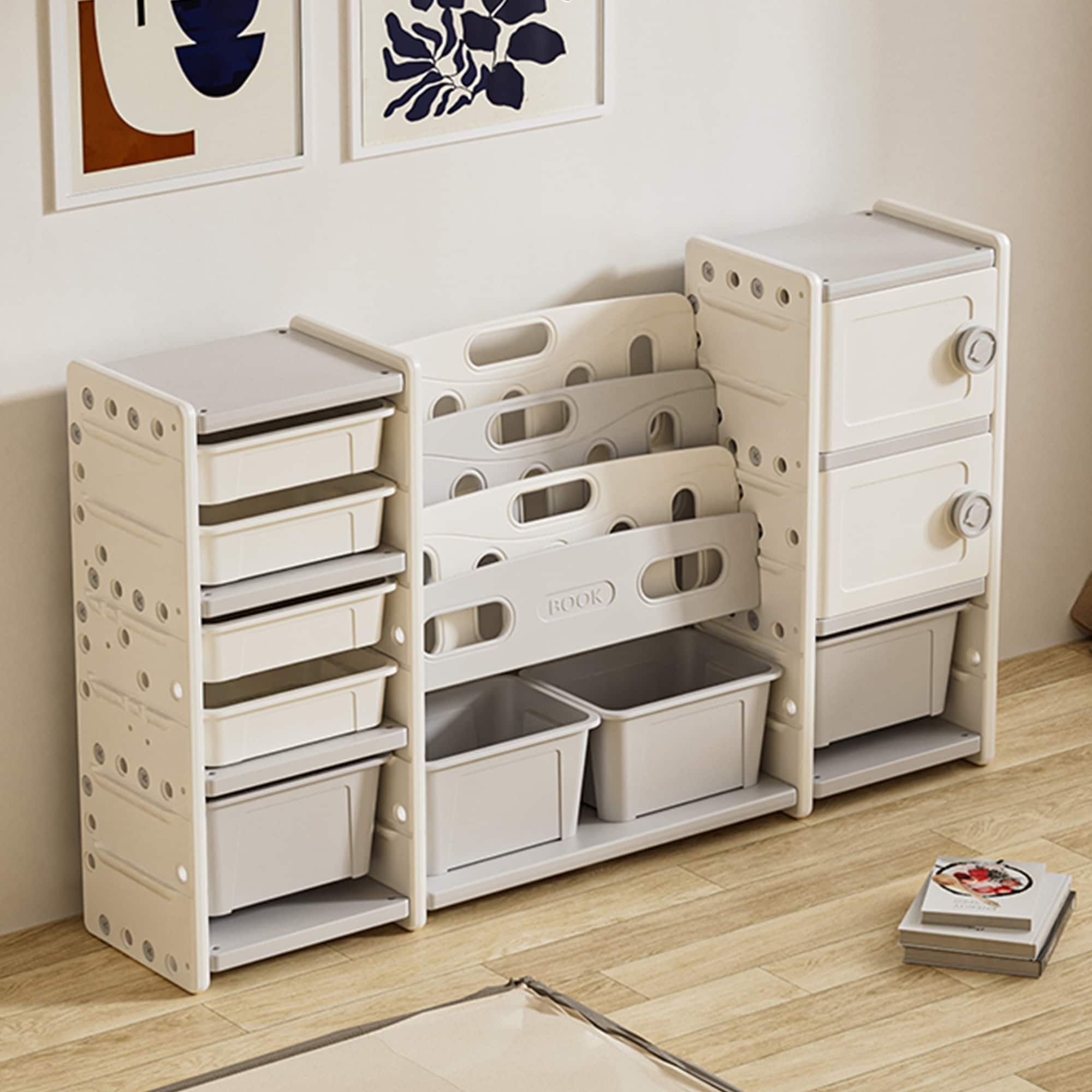 Kids Toy Storage Organizer 8 storage cabinet Removable Toy Bins, 4-Tier Book organizers Storage and 2 cabinet storage