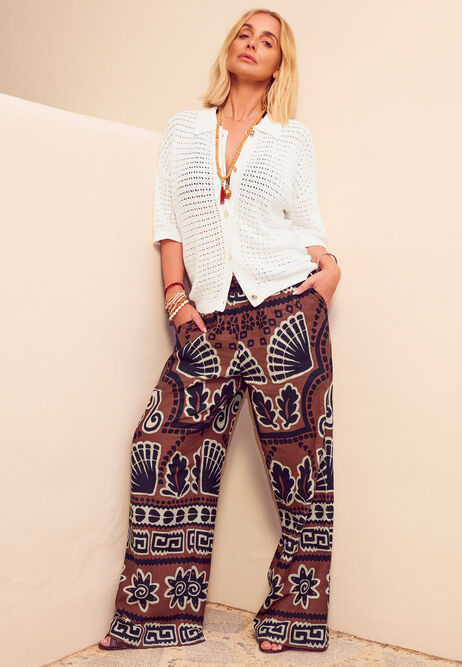 Womens Brown Abstract Linen Blend Wide Leg Trousers