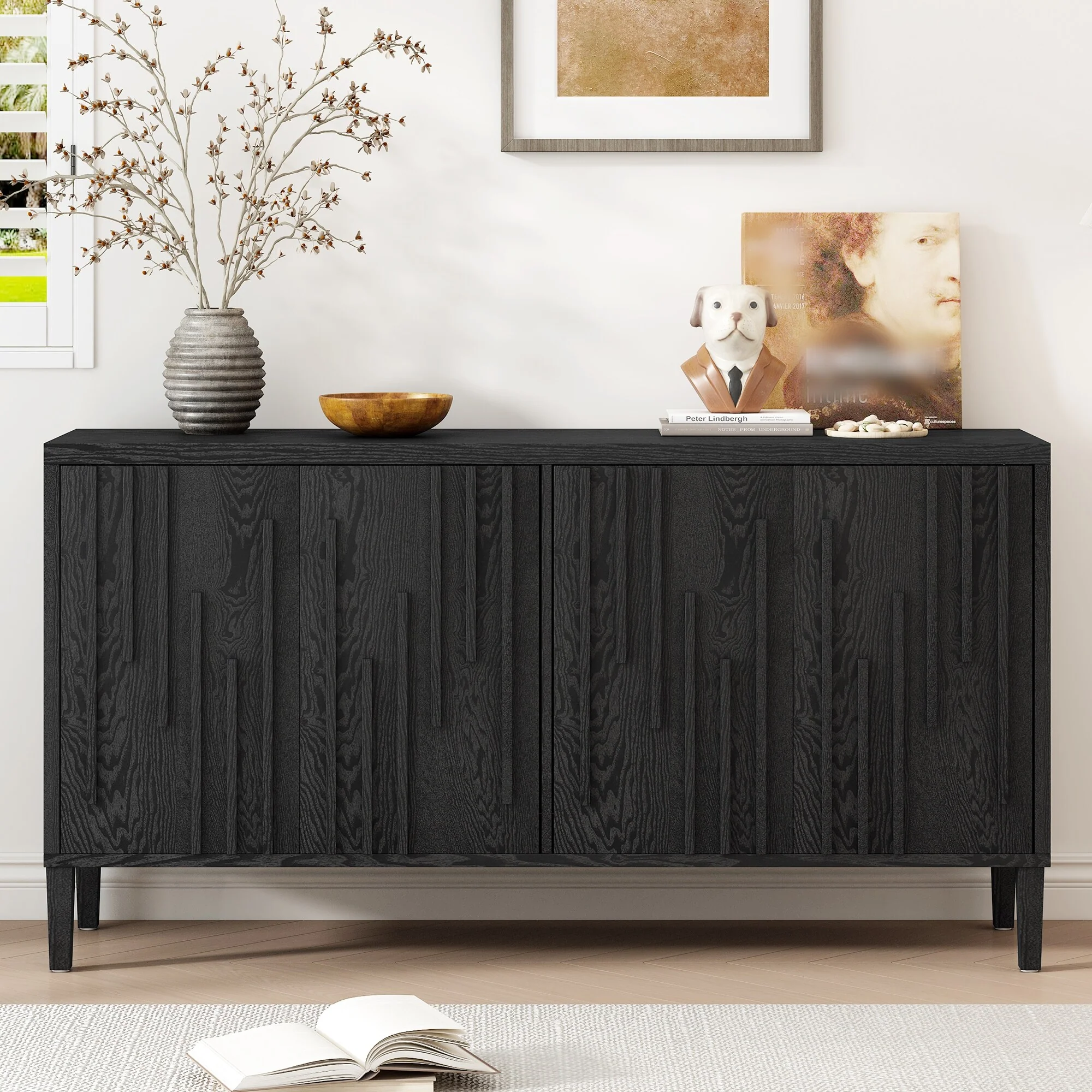 59.8-Inch Farmhouse Sideboard with 4 Doors & Hidden Handles‌ – Solid Ash Veneer Buffet Cabinet for Living Room, Dining Area.