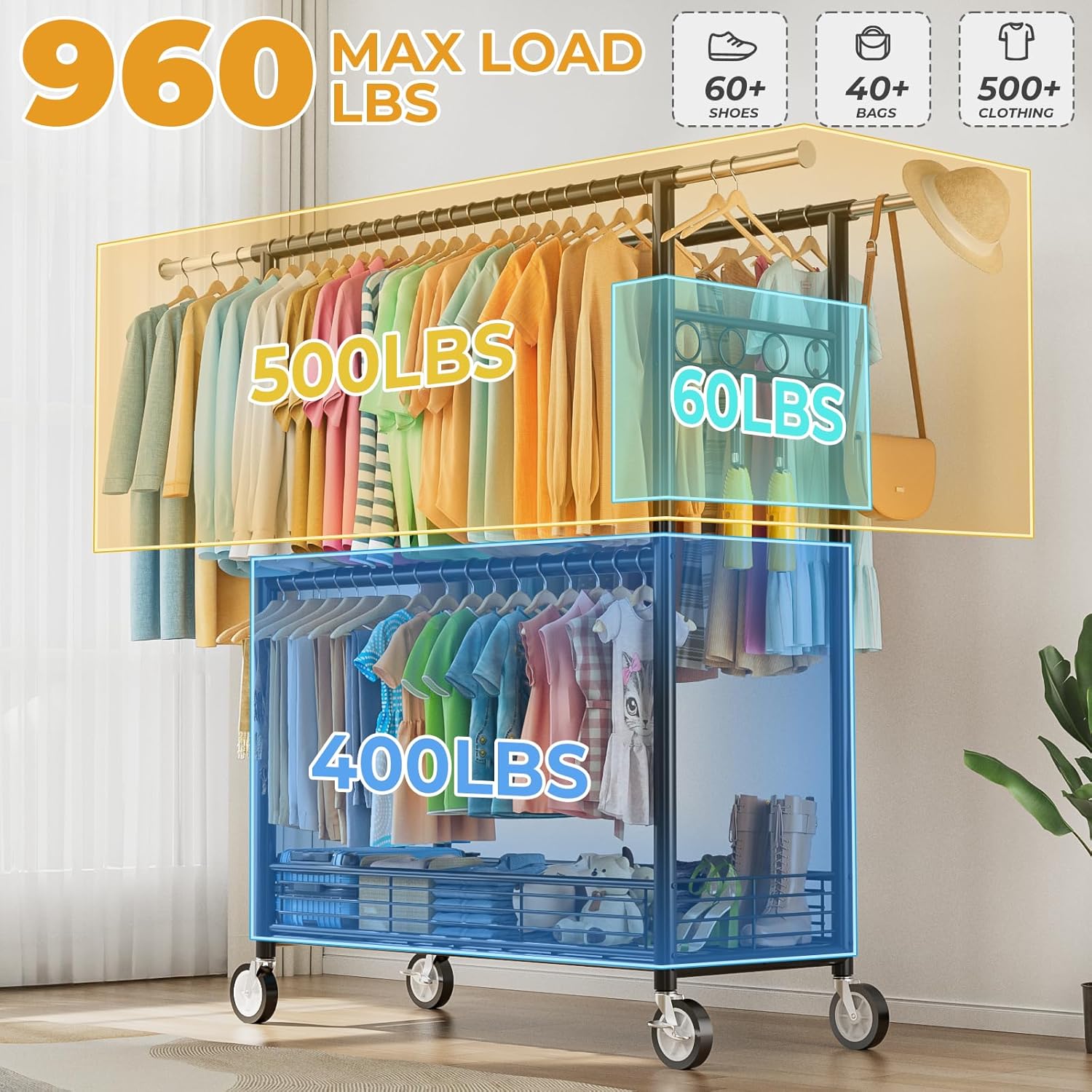 Heavy Duty Clothes Rack Load 960LBS, Three Rods Rolling Clothing Racks for Hanging Clothes, Rolling Garment Rack With Sturdy Wheels Shelves Hooks, Portable & Adjustable Commercial Garment Rack, Black