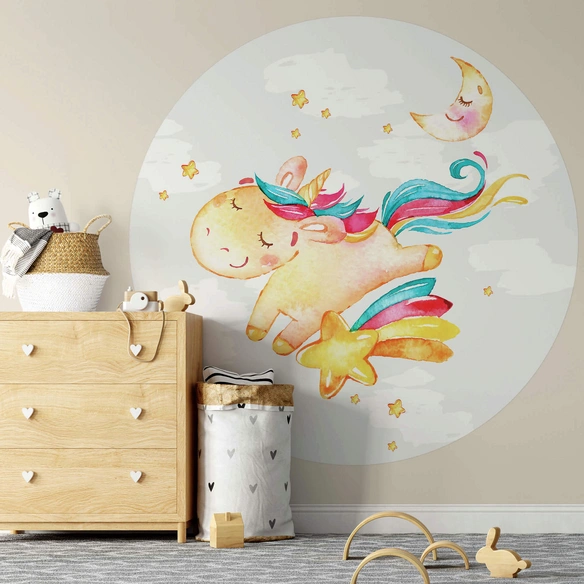 Vliestapete »Runde Vliestapete«, Kinder Einhorn Regenbogen, mehrfarbig, matt