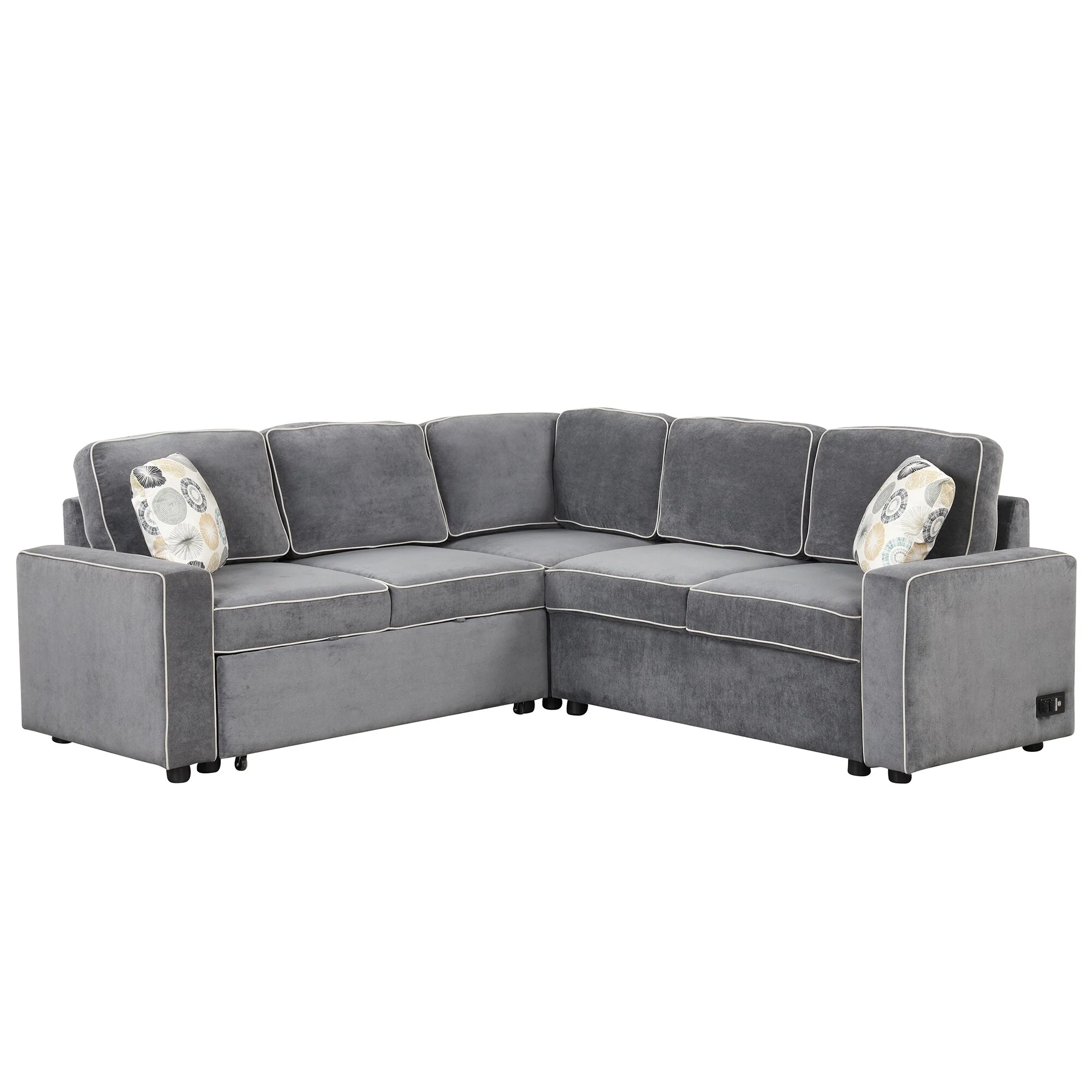 Modern L Shaped Sectional Sofa with Pull Out Bed and USB Ports and Jacquard Pillows, for Guest Rooms or Small Spaces