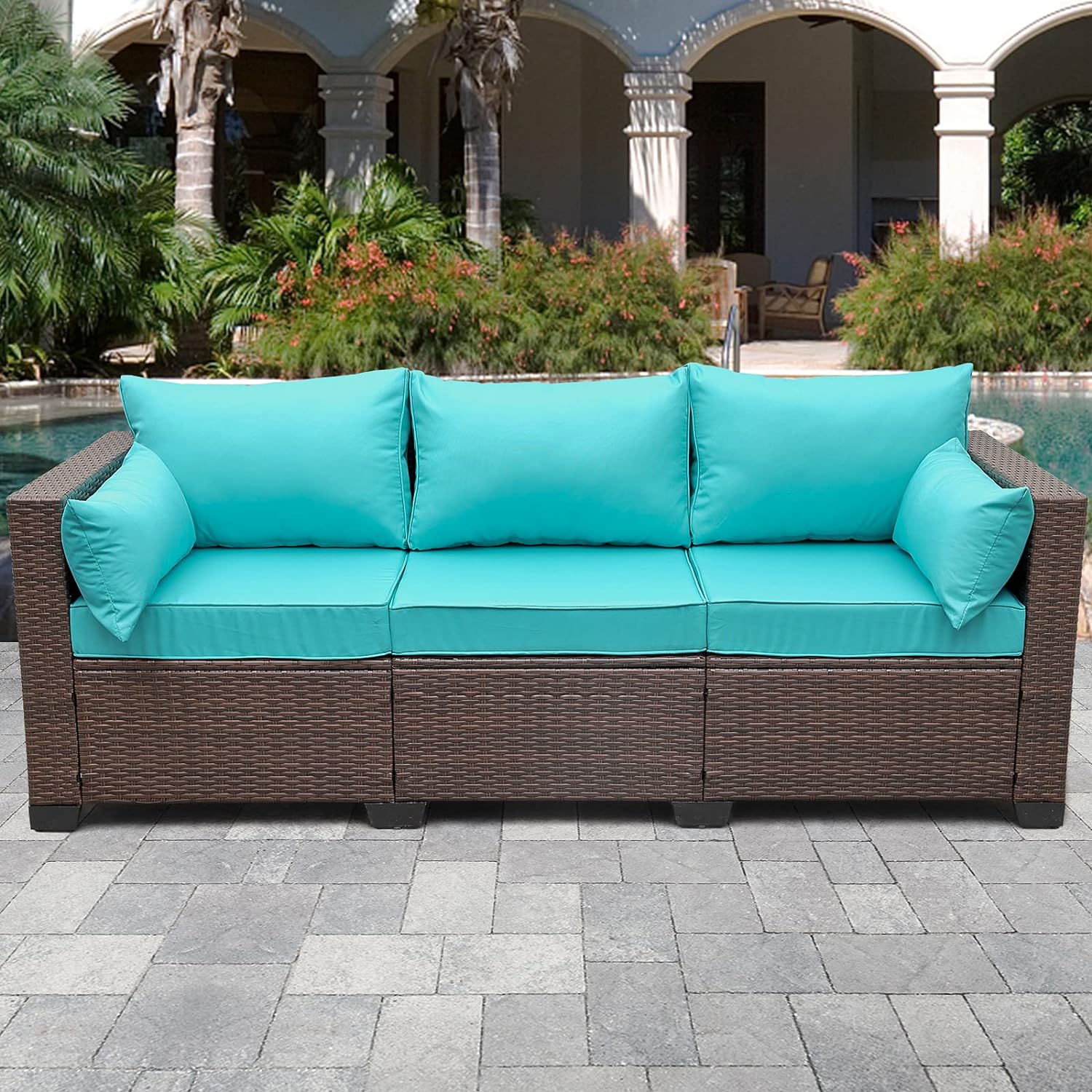 WAROOM Patio Couch PE Wicker 3-Seat Outdoor Brown Rattan Sofa Deep Seating Furniture with Non-Slip Beige Cushion(Brown+turquoise)