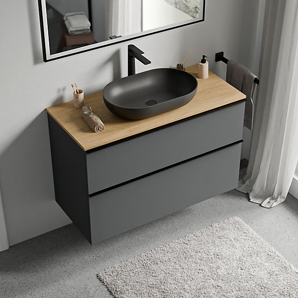 Meuble sous vasque suspendu MDF Anthracite mat, plan vasque Chêne miel, poignée Chrome - 100x46x62cm - LAVOA