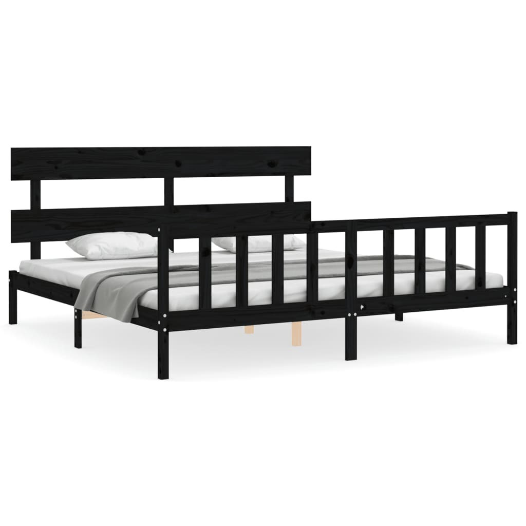 Rama łóżka z wezgłowiem czarna 200x200 cm lite drewno