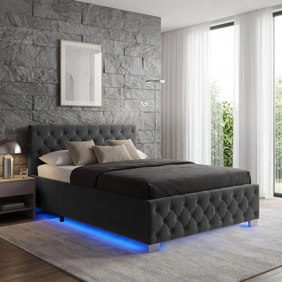 tectake Gestoffeerd bed met LED & opbergruimte, 180 x 200 cm, Fluweellook Zwart