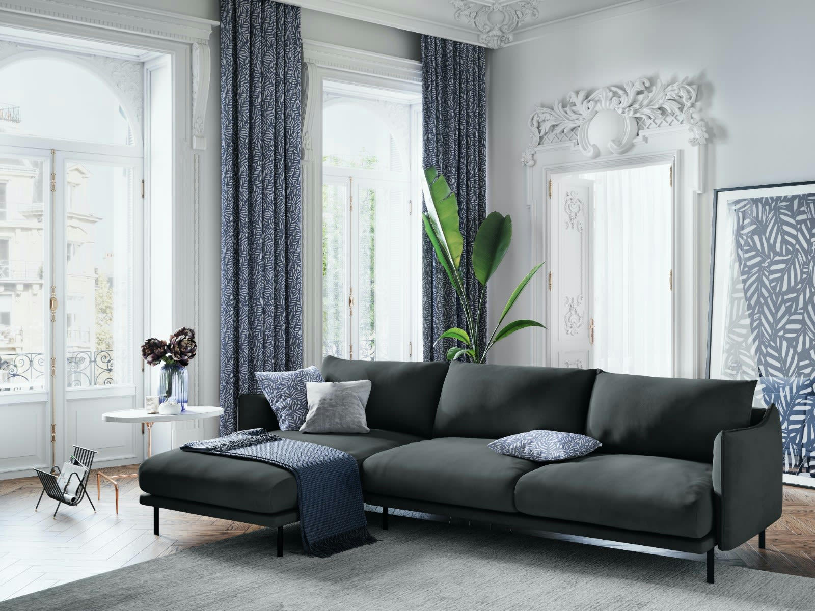 PARIS - Canapé D'Angle Gauche 5 places en Velours Gris Foncé