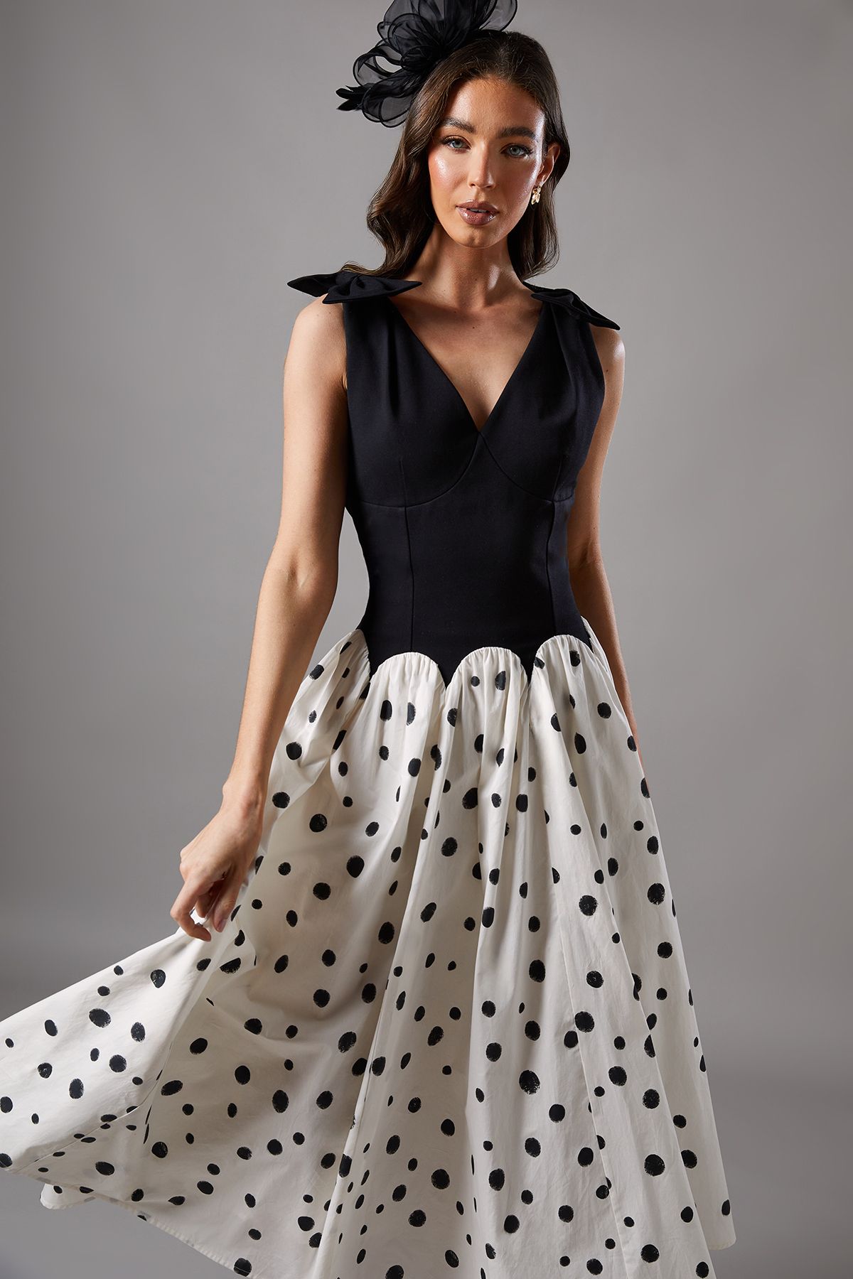 Coast Mono Spot Races Drop Waist Bow Shoulder Midi Dress