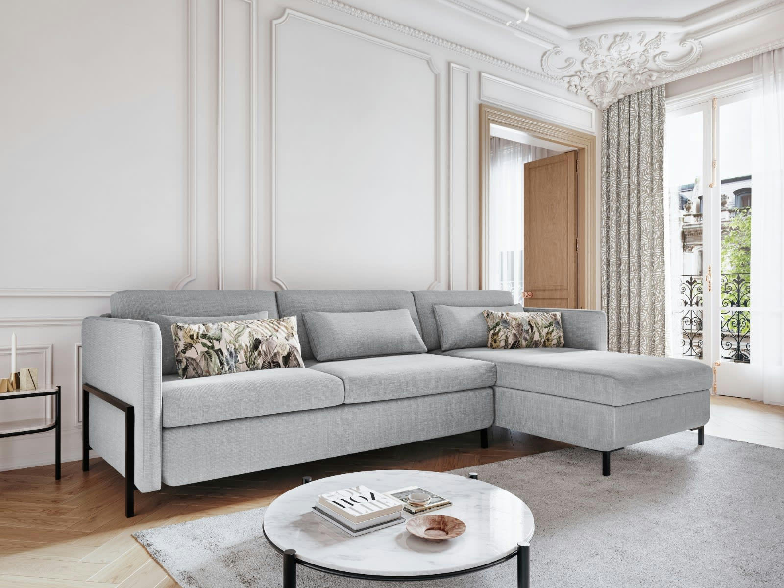 YANIS - Canapé D'Angle Droit Conv. Coffre 4 places en Tissu Struct. Gris Clair