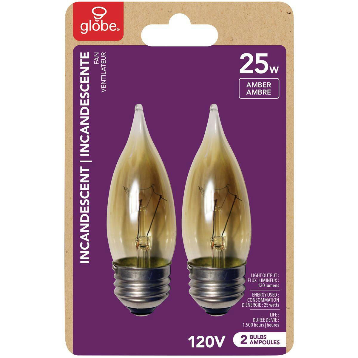 NOMA E26 Base Flame Tip Incandescent Light Bulb, Amber, 25W