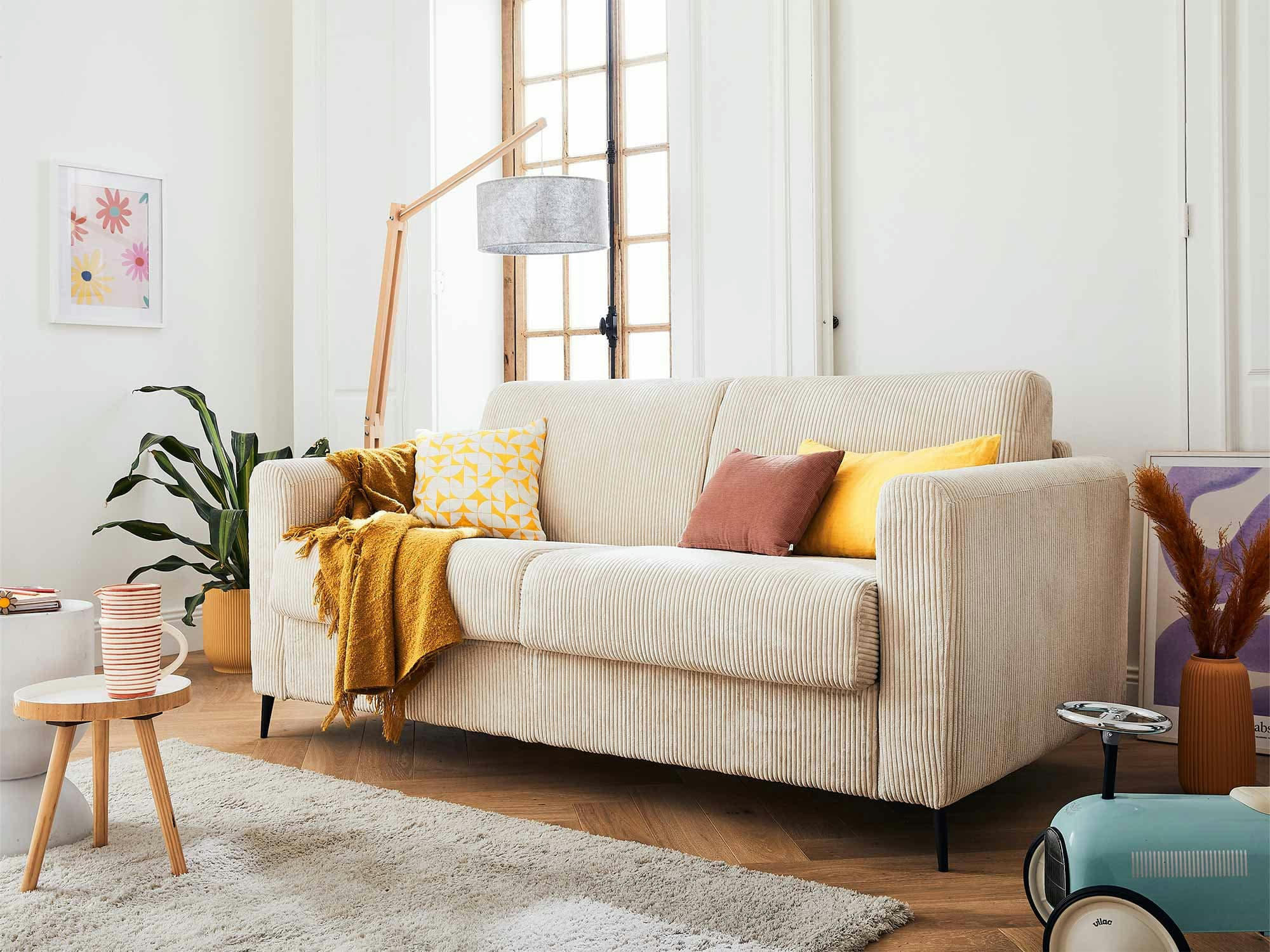 OWEN - Canapé droit convertible 3 places en velours côtelé beige