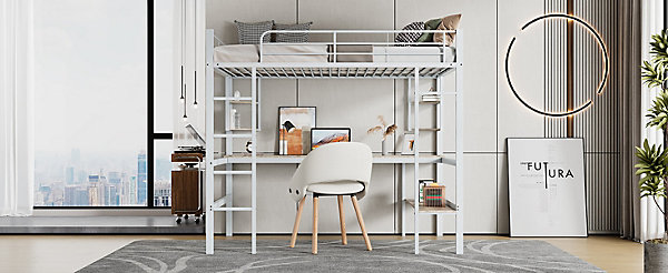 Lit mezzanine, 90x200cm, metal, blanc, bureau, etageres, enfants, ados