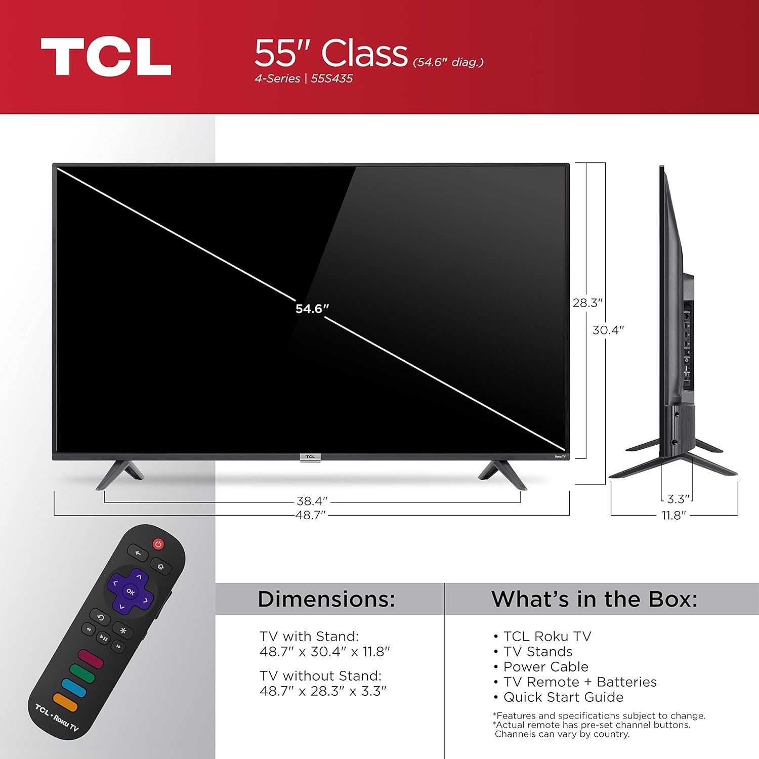 TCL 55 Class 4-Series 4K UHD HDR Smart Roku TV – 55S435, 2021 Model