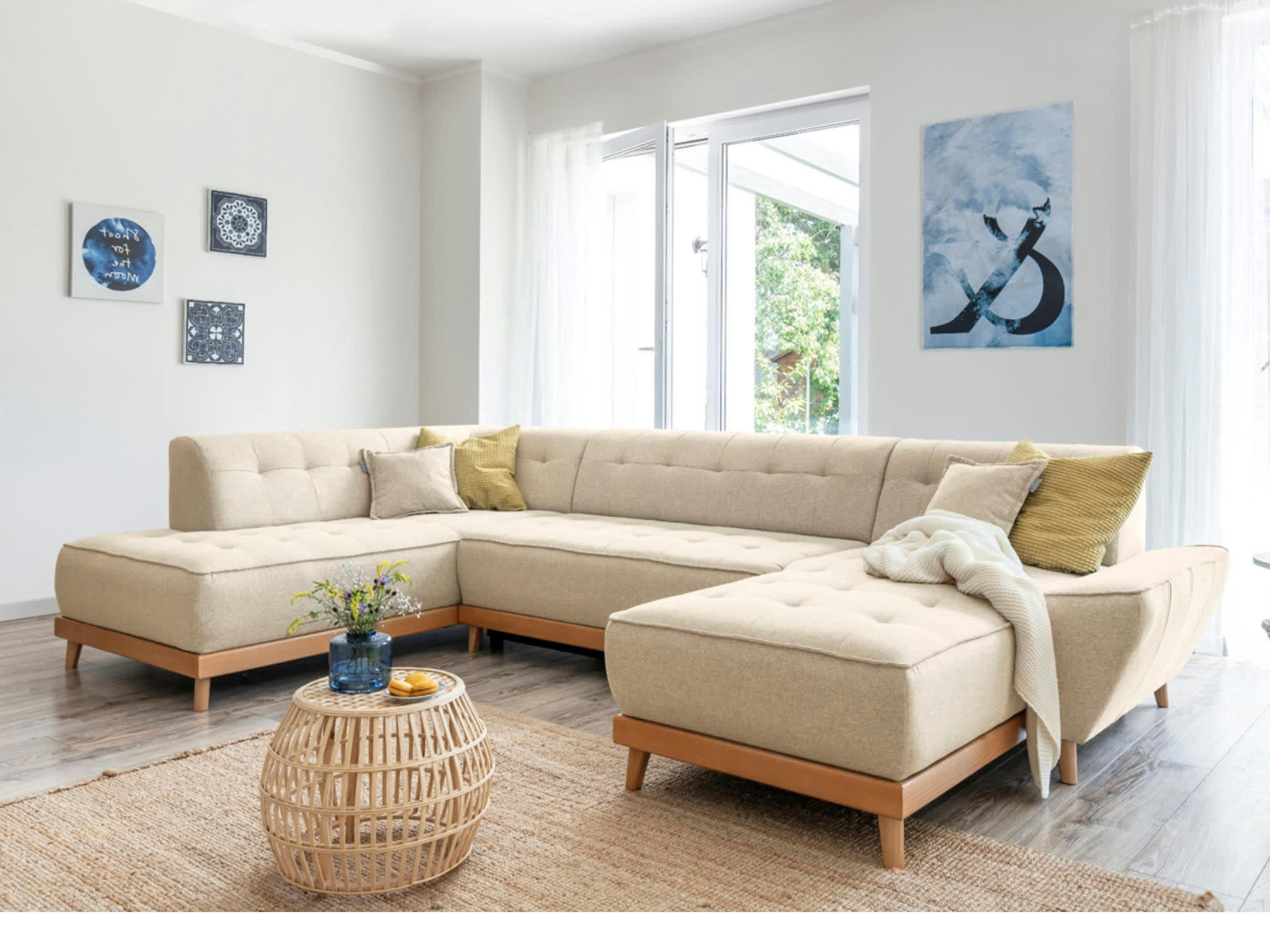 DAISY - Canapé panoramique 7 places angle gauche en tissu beige