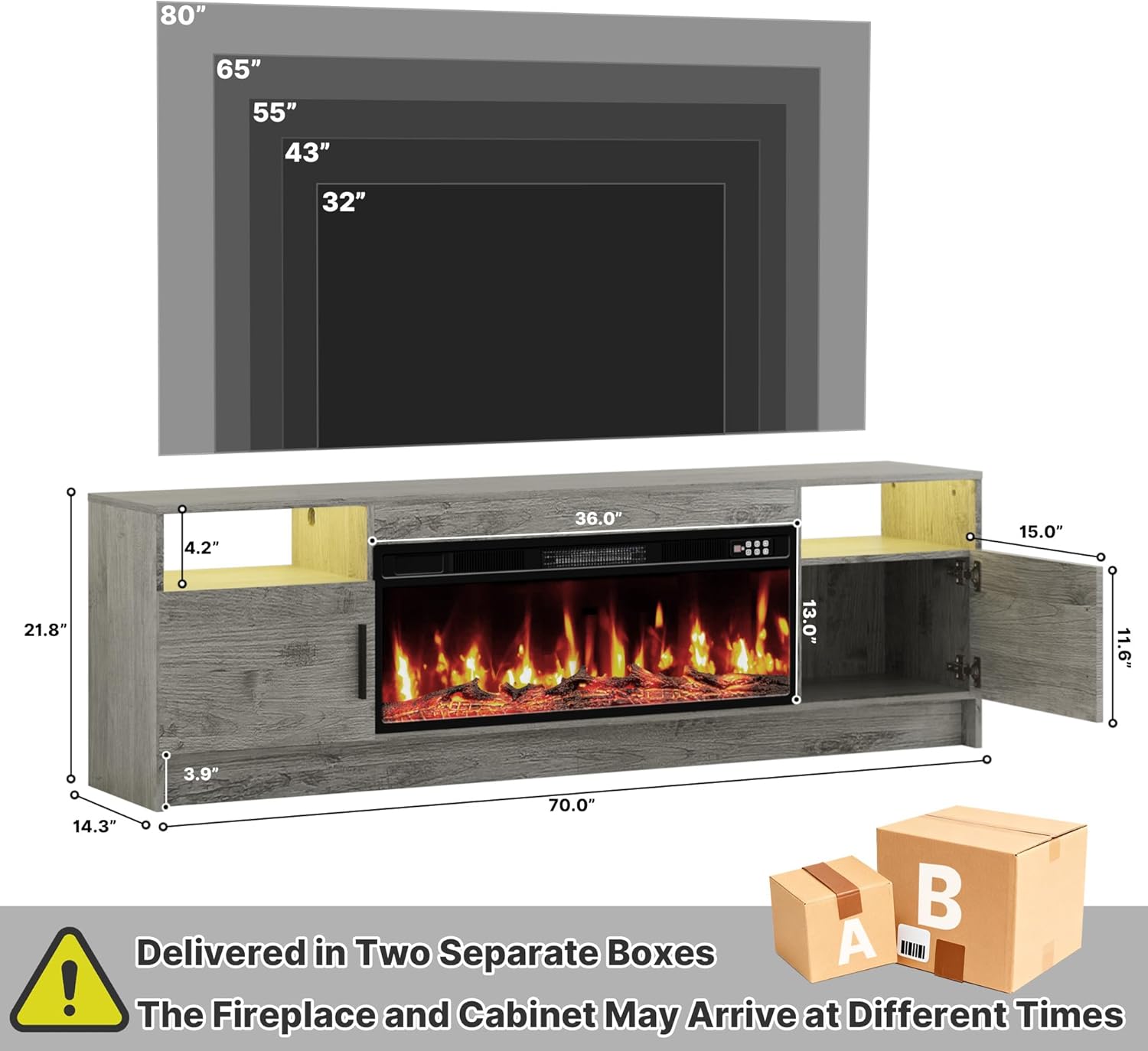 70 Inch Fireplace TV Stand for Living Room with 36 Electric Fireplace, Entertainment Center with Fireplace for TVs Up to 80, Media TV Console Cabinet, Gray LED TV Stand with Storage for Bedroom