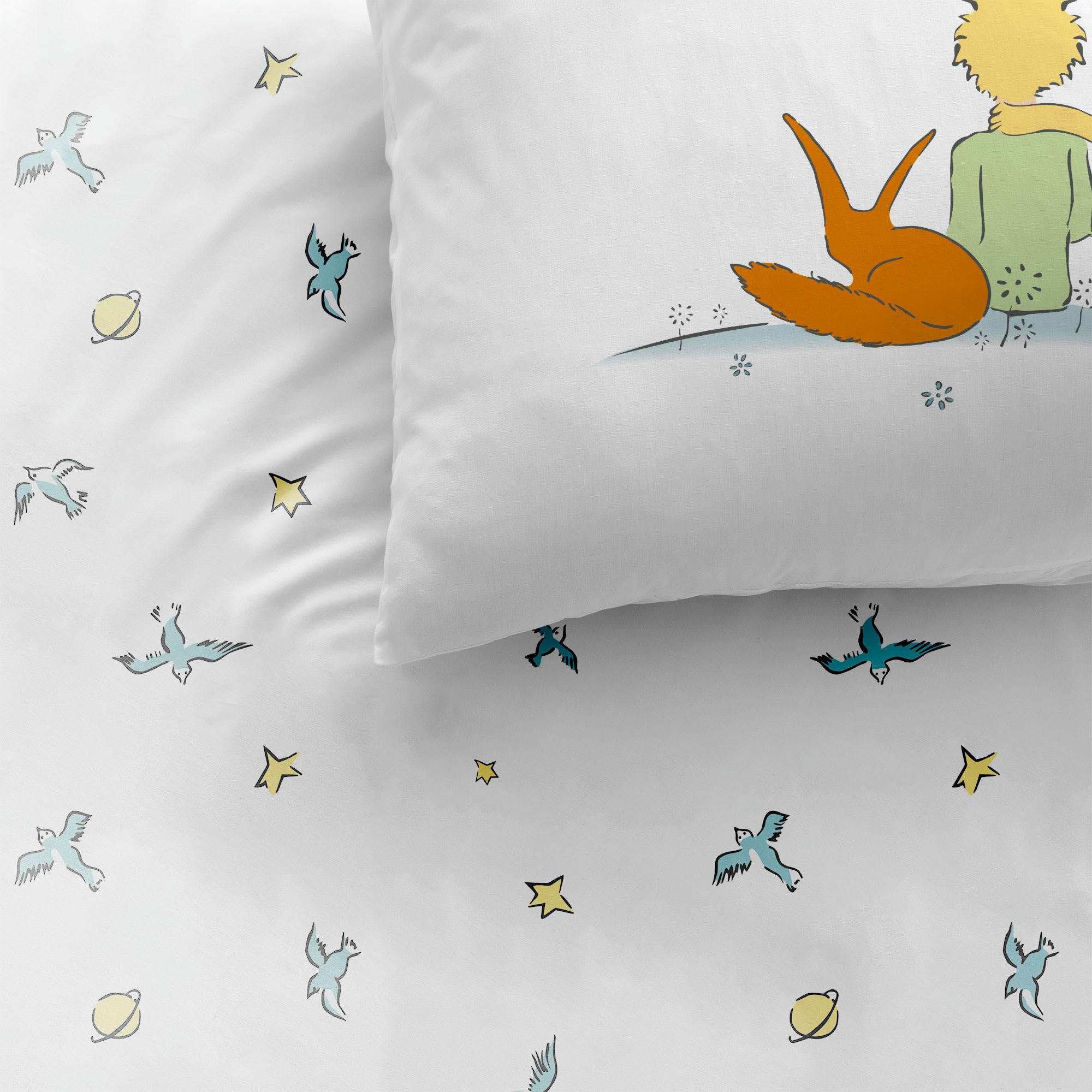 LE PETIT PRINCE BIRDS - Parure de lit imprimée en coton Blanc 140x200+63x63cm