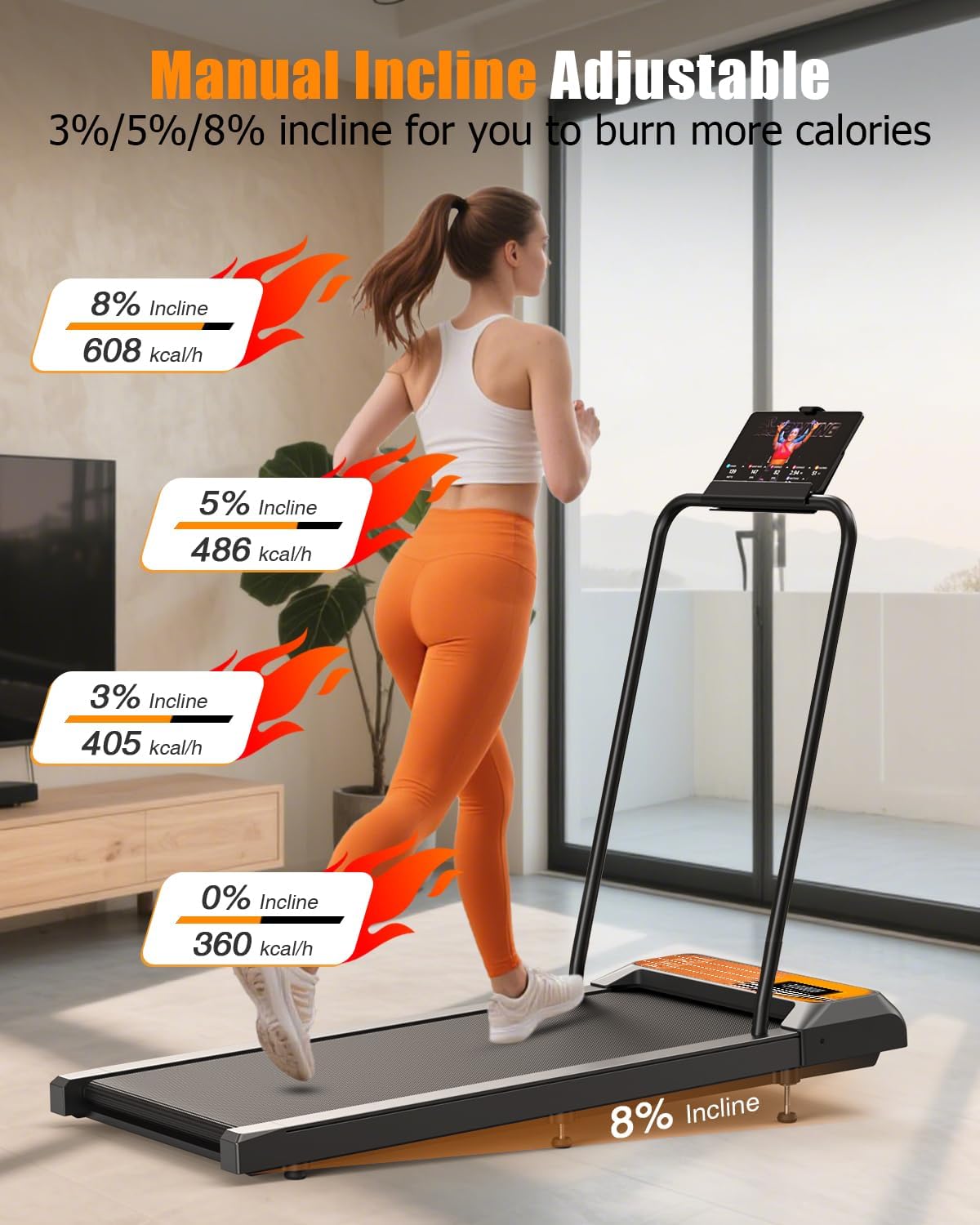 HCOIW Walking Treadmill Pad with Incline - Portable Under Desk Treadmill, Walking Mat Pad with Handle Bar, 2.5HP Low Noise, 2 in 1 Treadmills for Home Office, Remote Control with LED Screen