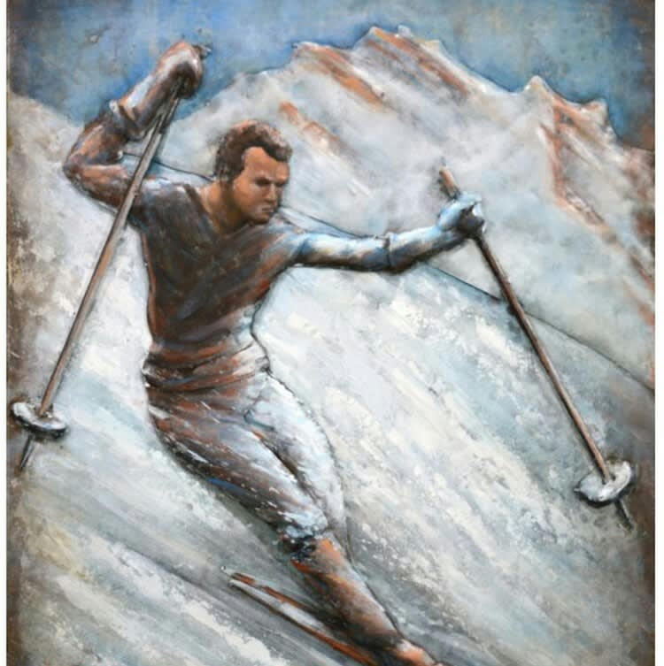 MÉTAL BRASS - Tableau relief en métal compétition de ski en 1927 120x80