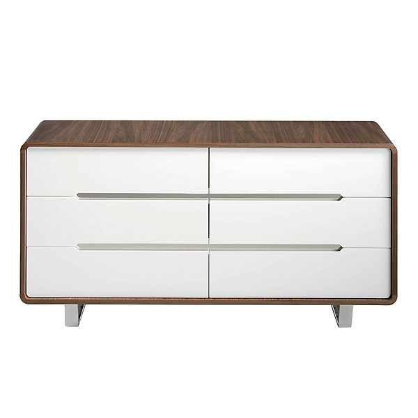 Commode moderne en bois blanc et noyer avec pieds en acier chromé