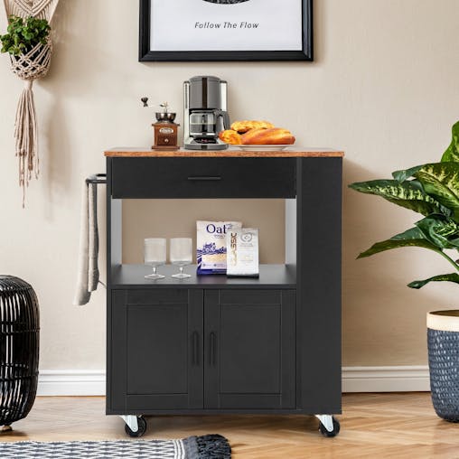 NNECW Rolling Kitchen Serving Trolley with 3 Spice Racks for Kitchen-Black
