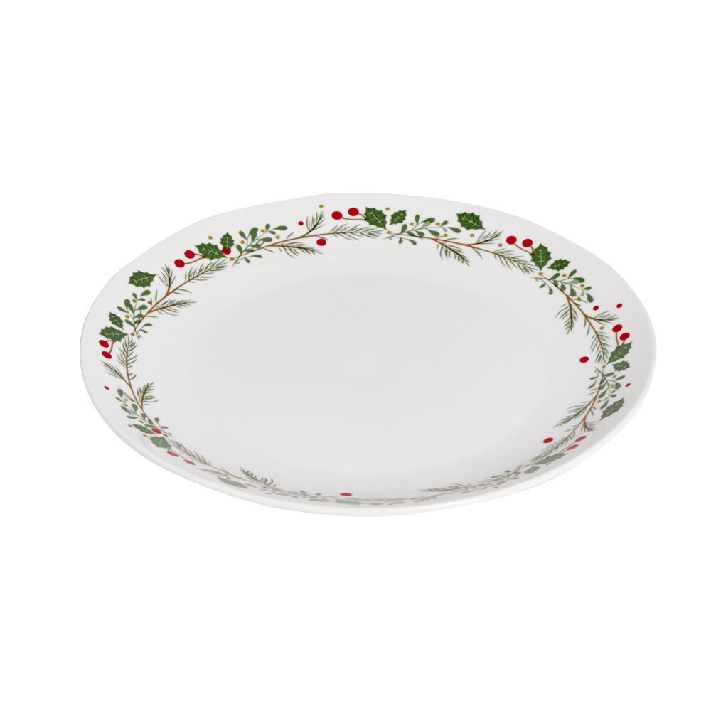 Assiette plate porcelaine blanche motif feuillage de No&euml;l Ø27cm