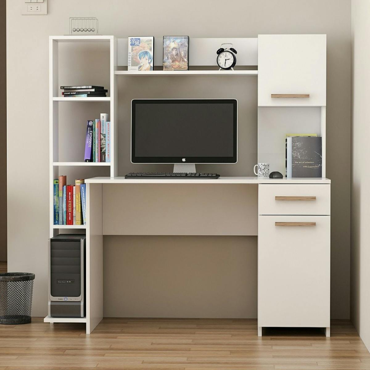 Bureau ordinateur fixe blanc avec rangement et étagères MARFA