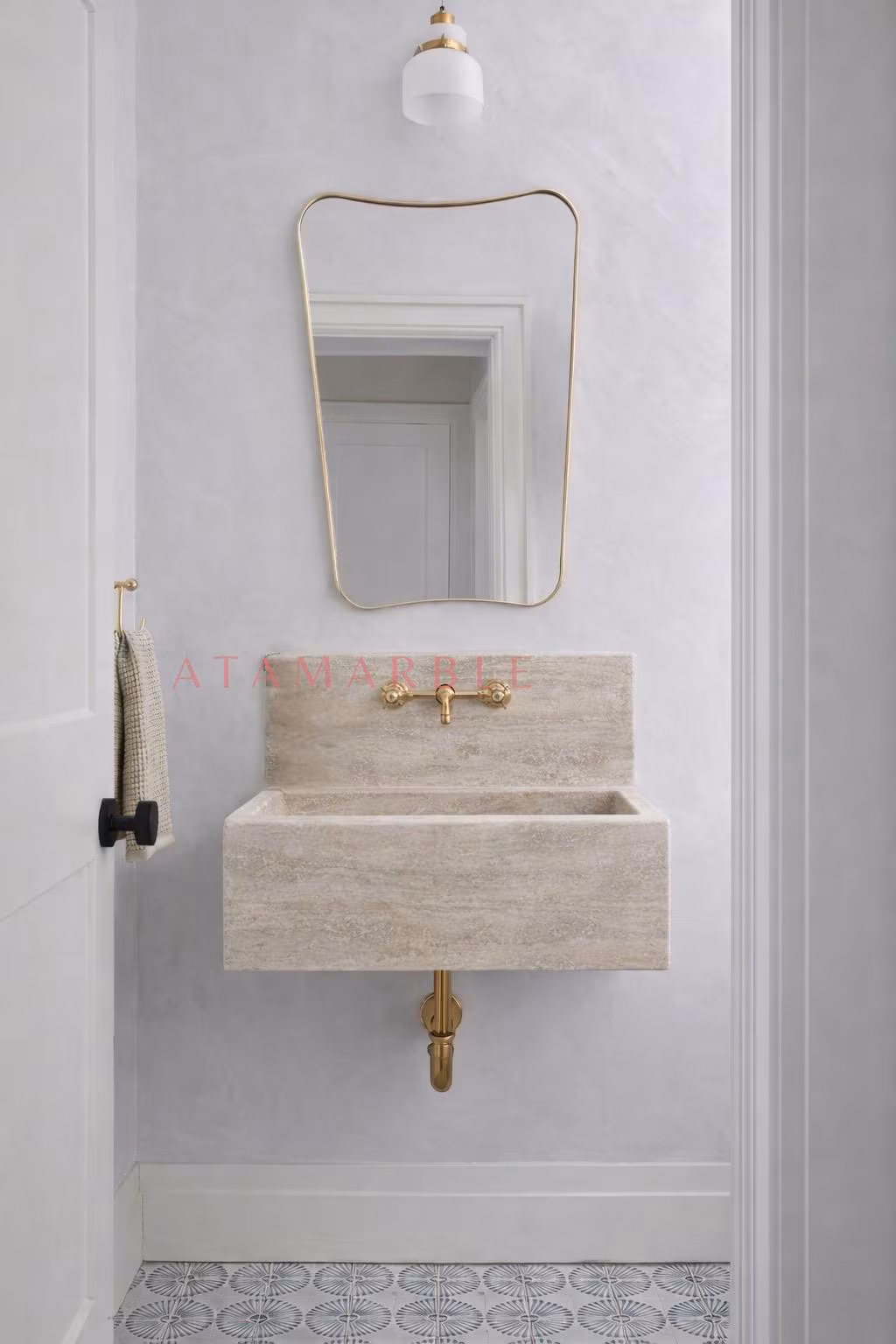 Hand Carved Travertine Wall Mount Sink: Natural Stone Bathroom Vanity