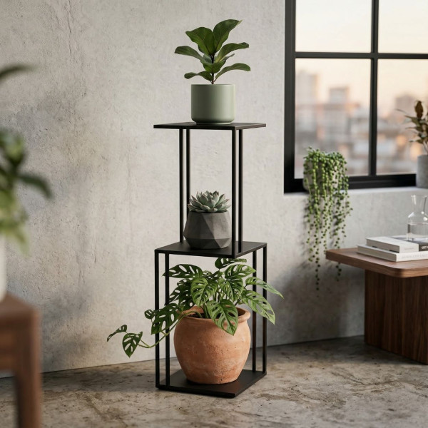 Kwietnik stojący metalowy loft 3 doniczki 80 cm czarny mat