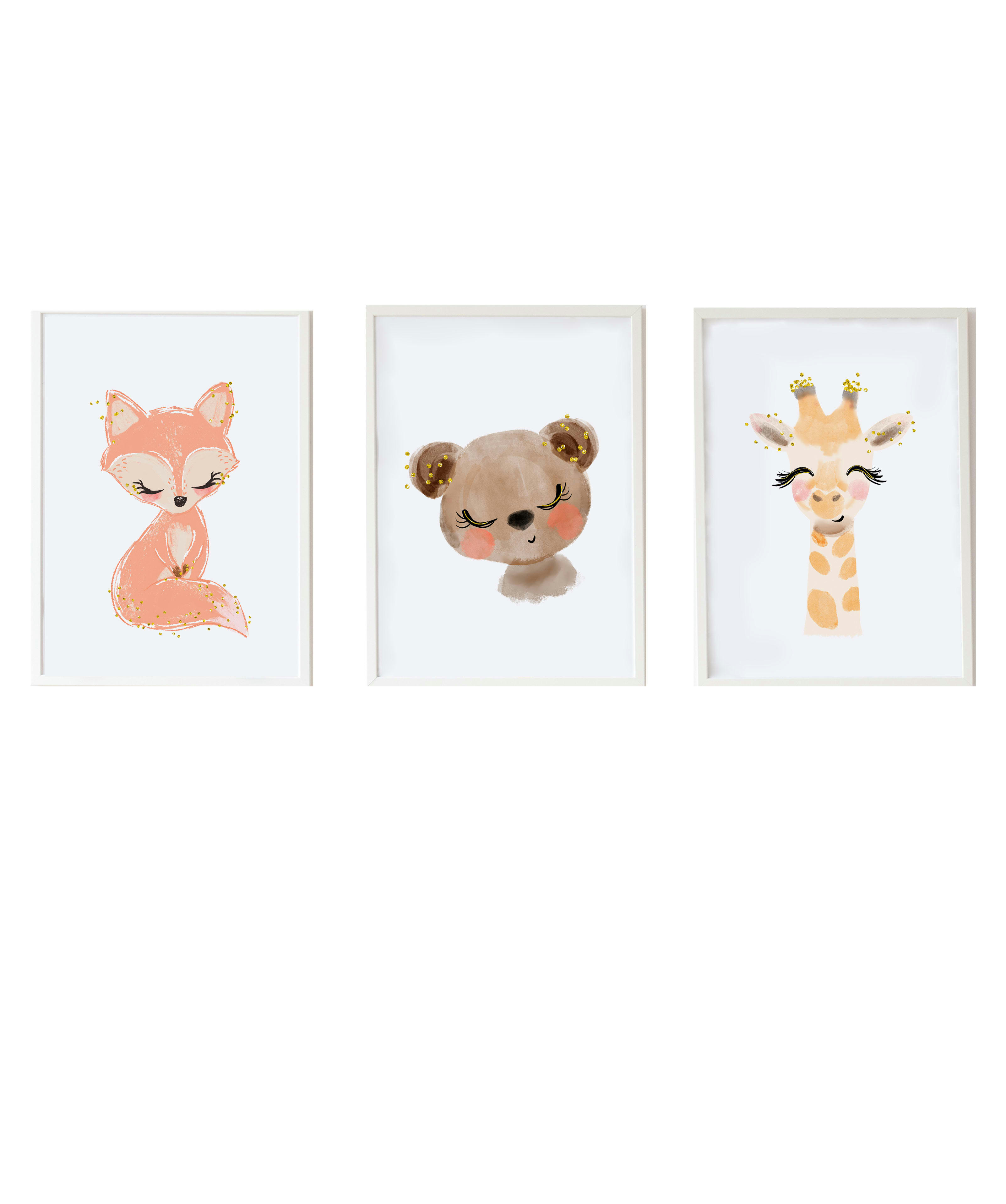 DECOWALL - Pack encadré bois blanc impression le renard et giraffe ours 43X33 cm