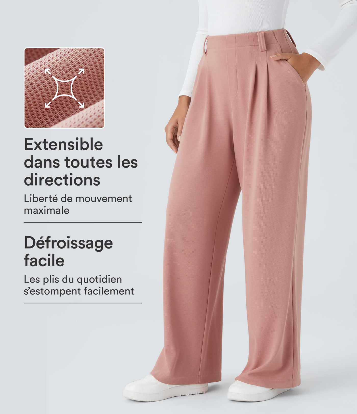 Halara Flex™ Pantalon Tailleur en tissu gaufré à taille haute, jambes larges, plis et poches latérales