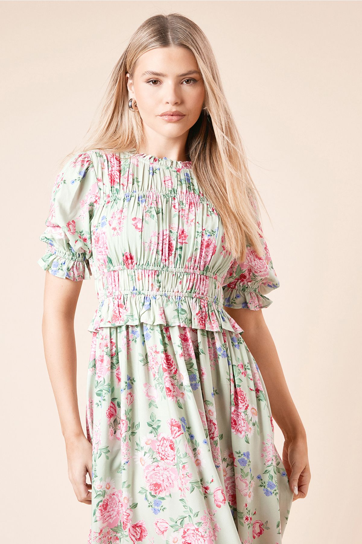 Dorothy Perkins Floral Shirred Bodice Puff Sleeve Midi Dress