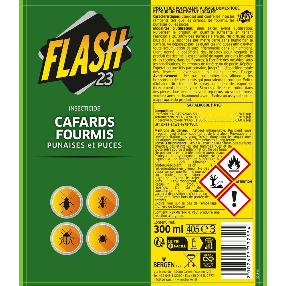 Aérosol anti rampants Flash23 cafards fourmis punaises puces 300ml