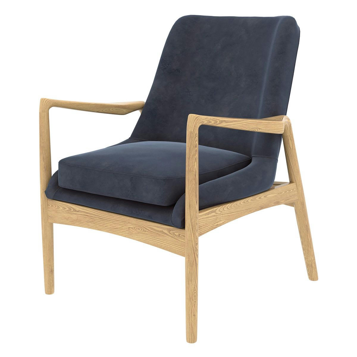 NACHO - Fauteuil velours bleu foncé pieds frêne naturel