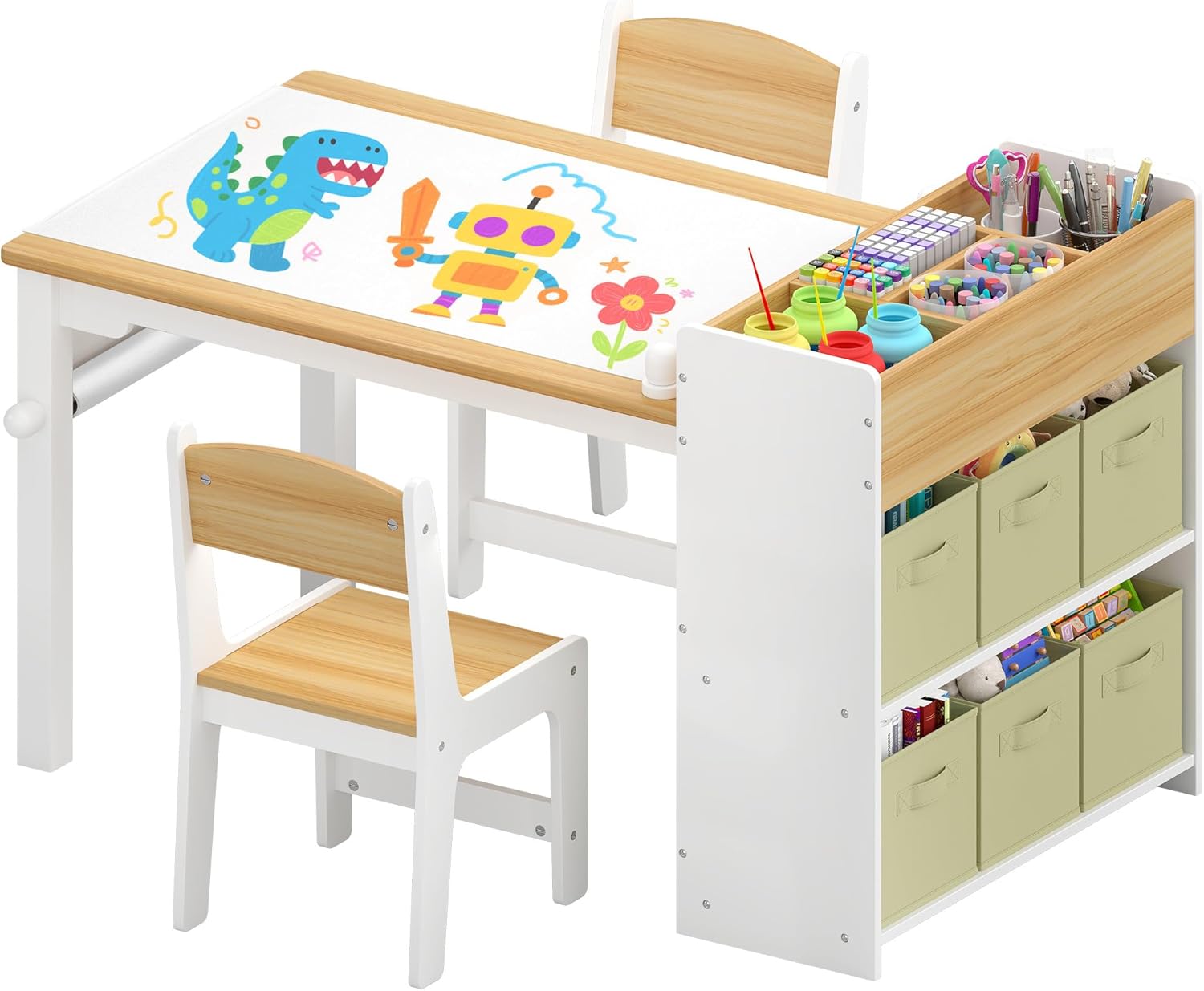 DOREROOM Kids Art Table and Chair Set, Craft and Play Wood Activity Table with Storage Bins and Paper Roll, Toddler Desk for Playroom/Nursery/Home, Kids Table and Chairs Set for Drawing/Learning/Read