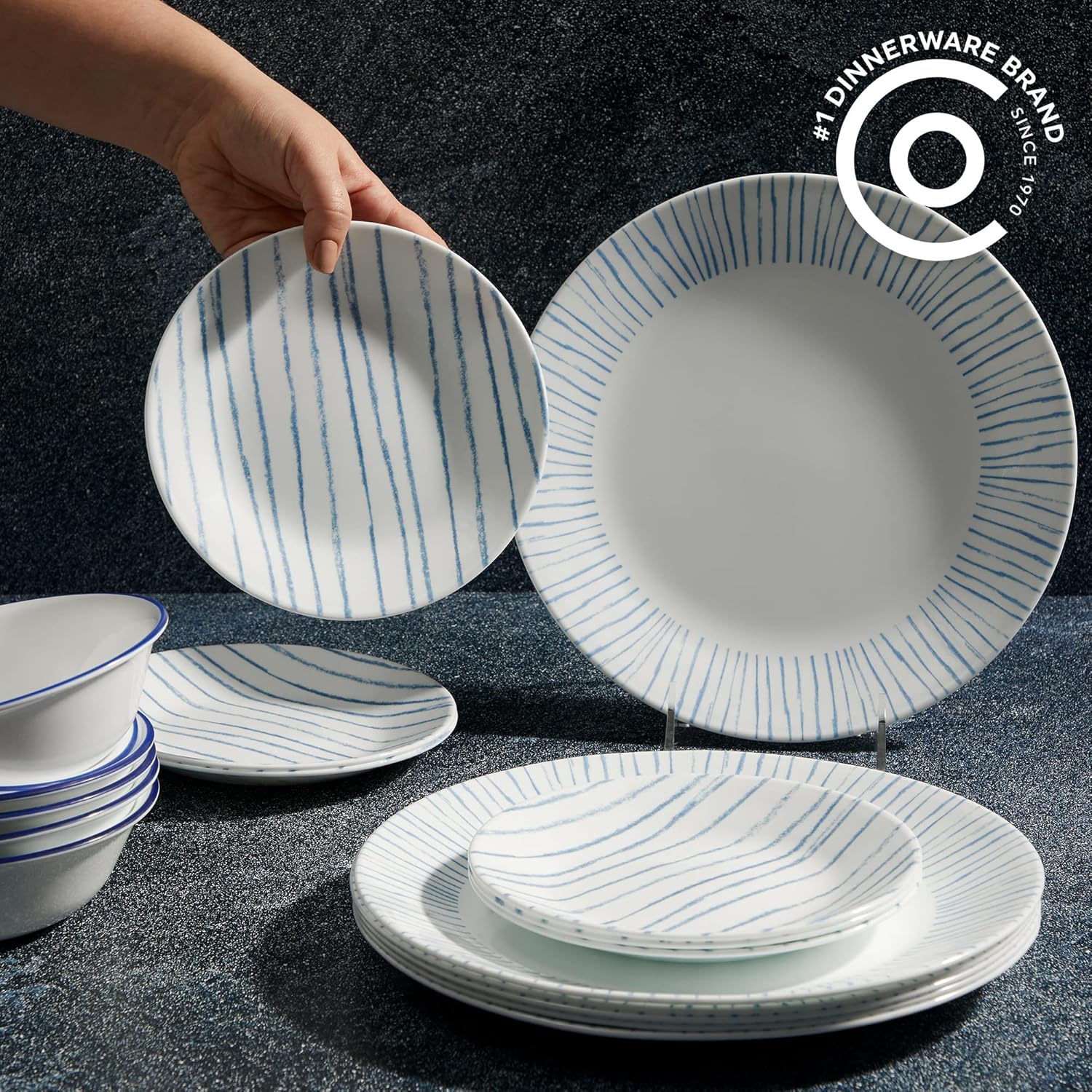 Corelle 18-Piece Dinnerware Set Service for 6, Lightweight Round Plates and Bowls Set, Vitrelle Triple Layer Glass, Chip Resistant, Microwave and Dishwasher Safe, Nautical Stripes