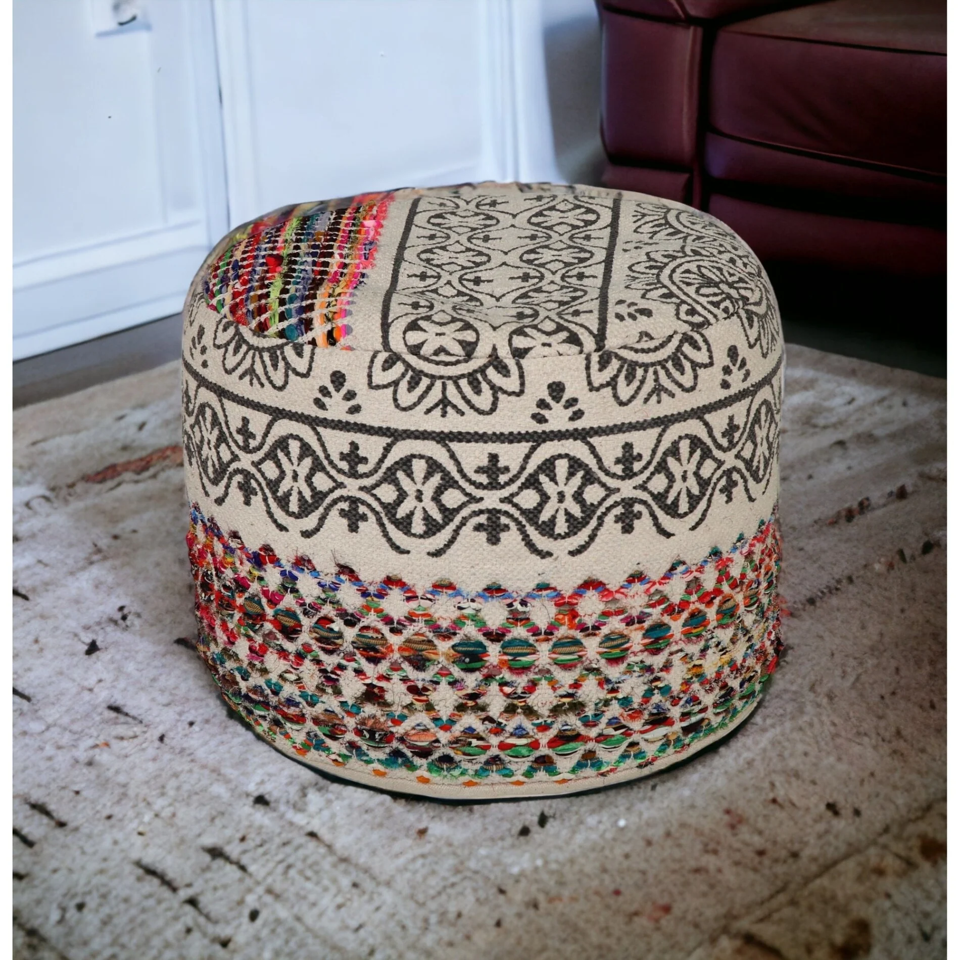 Decorative Boho Pouf for Living Room 18 Upholstered Ottoman in Rainbow and Grey Cotton Blend