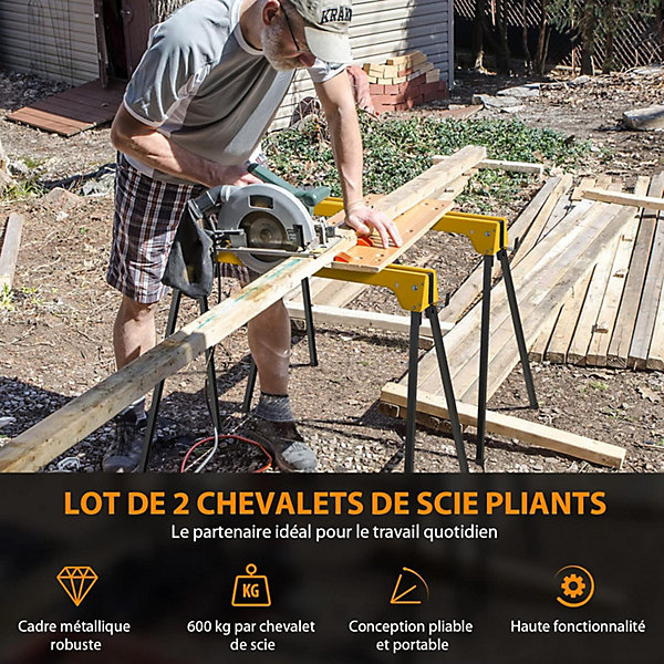 2 Tréteaux Pliants Tréteaux Métalliques Portables avec Poignée et Bras de Support 2 4 Détachables Charge 600 kg Tréteau